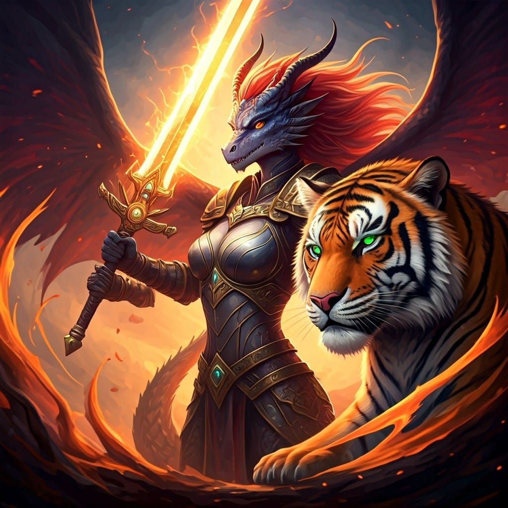 Dragon-Woman Warrior and Tiger in RPG Style