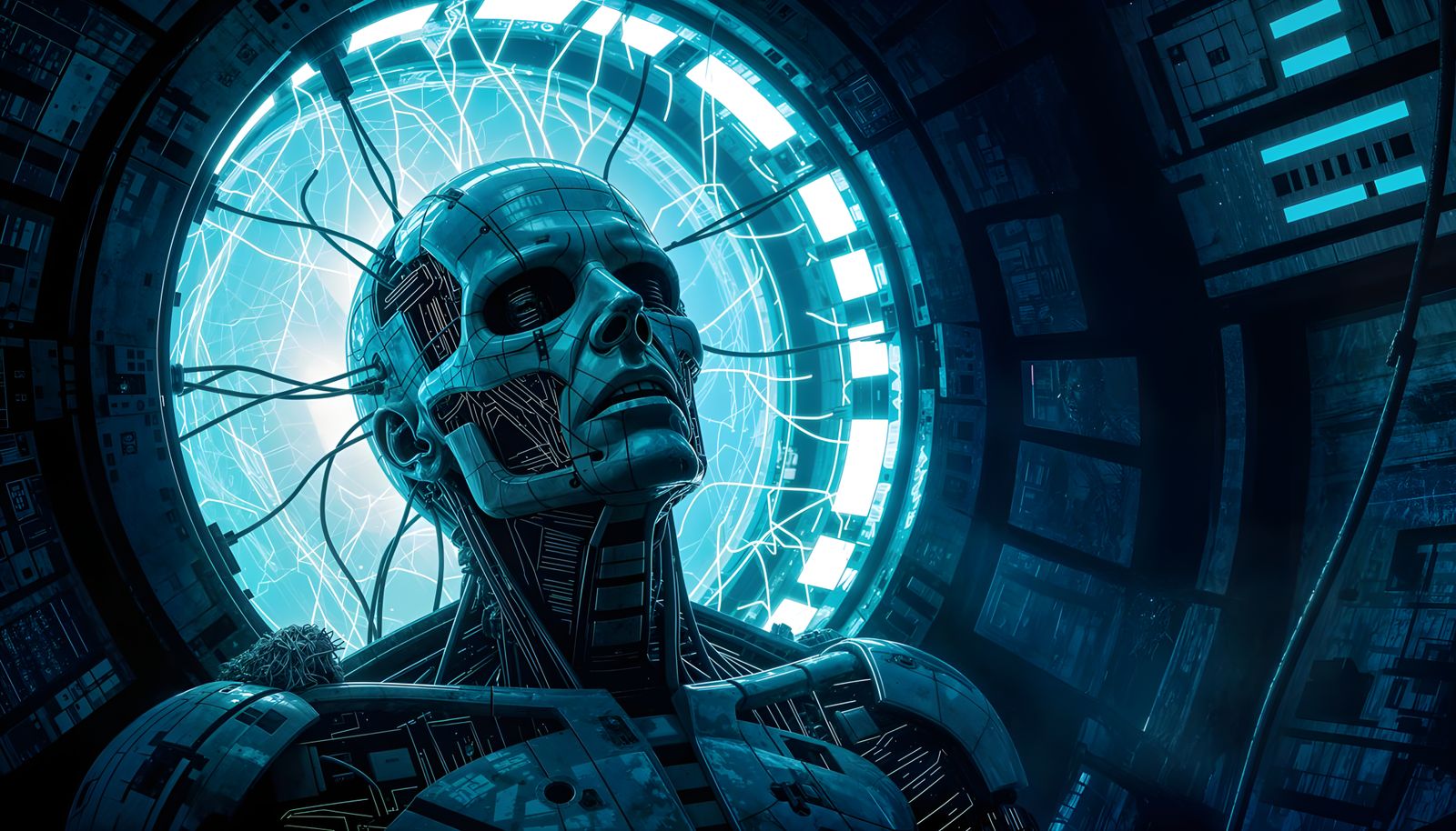Decaying Cybernetic Head in Tube, Retro Sci-Fi Horror