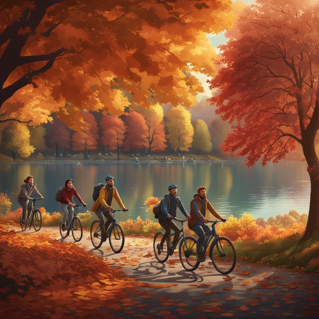 Friends Cycling Through Autumn Park: Matte Painting