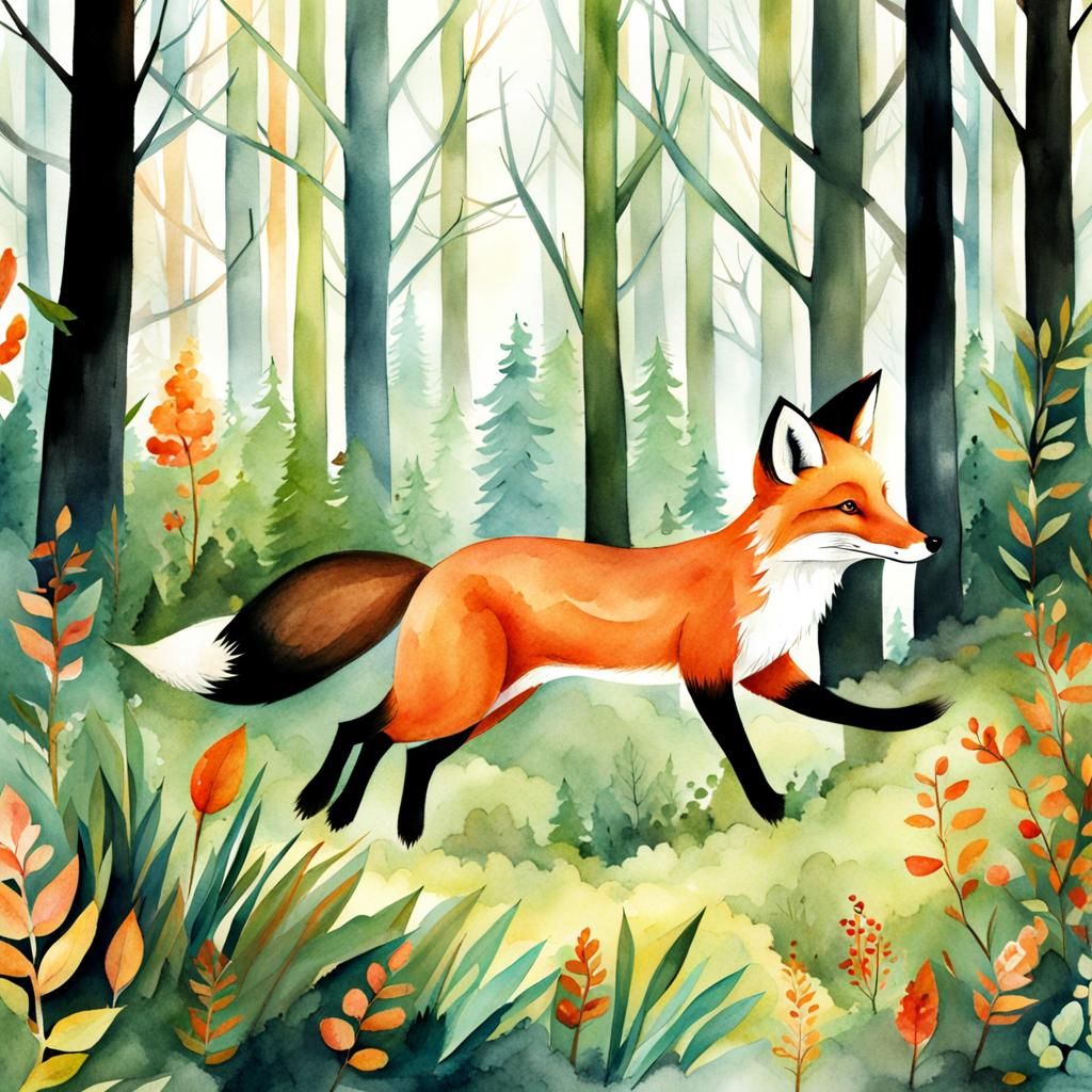 Fox Running Through Woods: Digital Watercolor Illustration