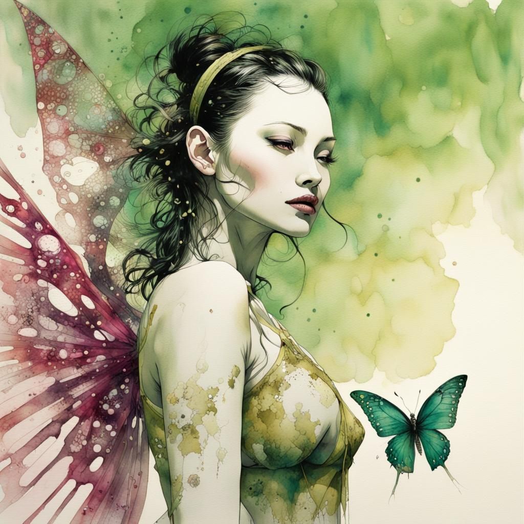 Angel Woman with Butterfly Wings in Sepia Watercolor