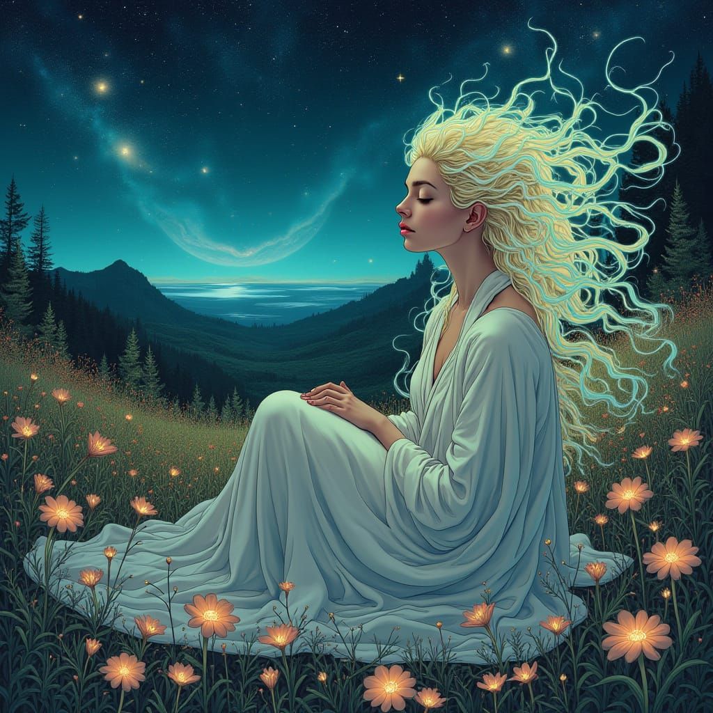 Serene Alien Goddess in Ethereal Landscape