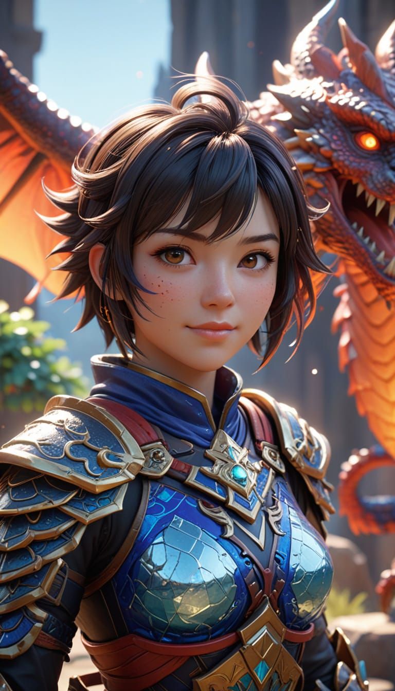Chibi Warrior Girl with Dragon Companion in Vibrant Box