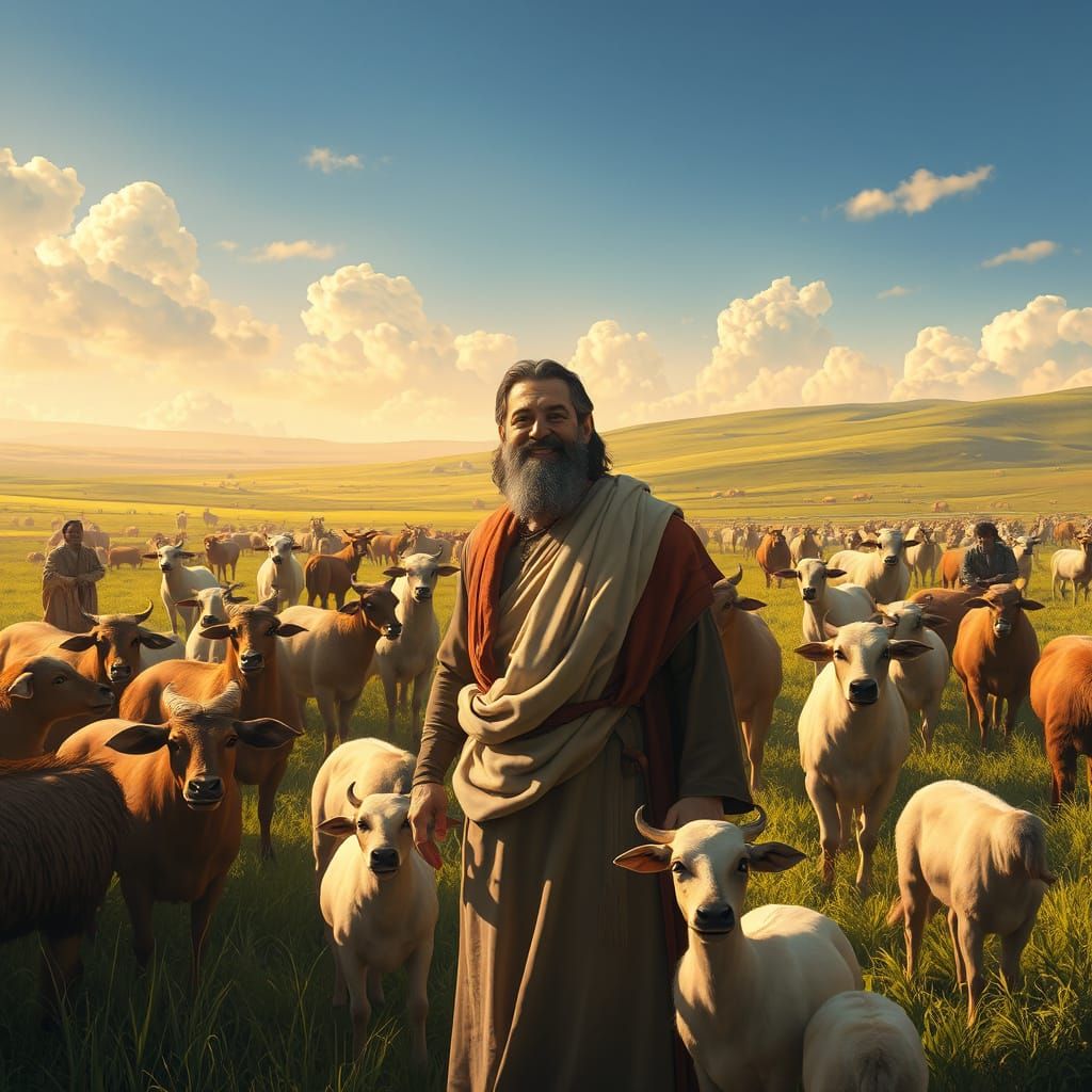 Restored Job Surrounded by Joyful Family and Servants in a P...