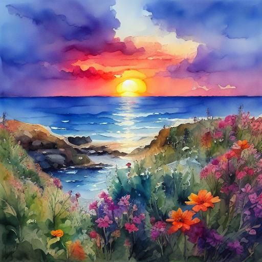 Vibrant Watercolor Sunset Over Ocean
