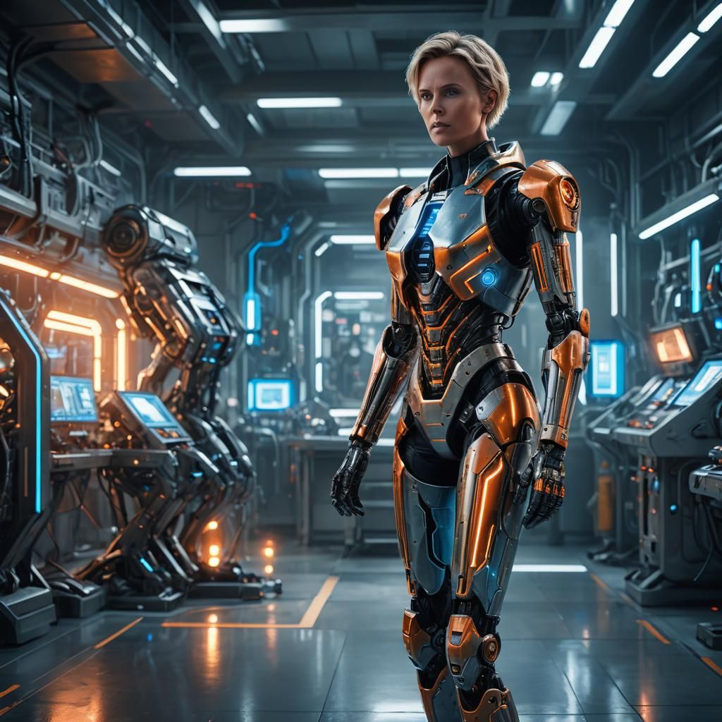 Charlize Theron and Robot in Sci-Fi Lab