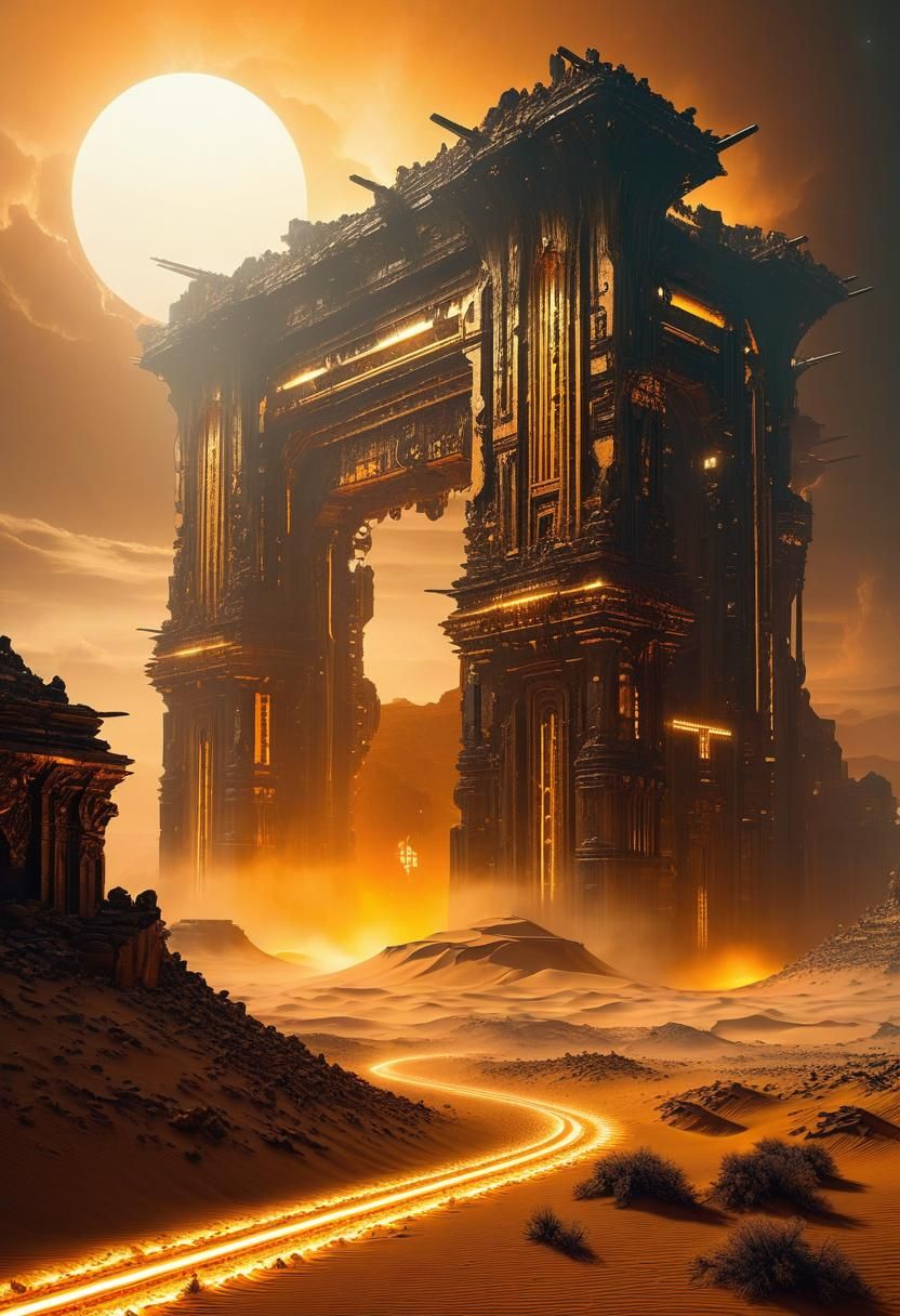 hyperreal futuristic wasteland, shrouded in Fractal mist chain ruins, eerie amber lights unreal, sharp focused dystopian...