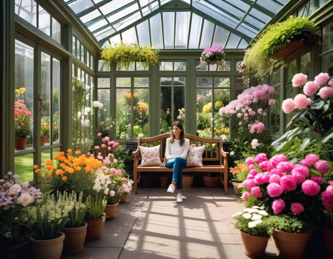 Woman in Flower-Filled Conservatory Concept