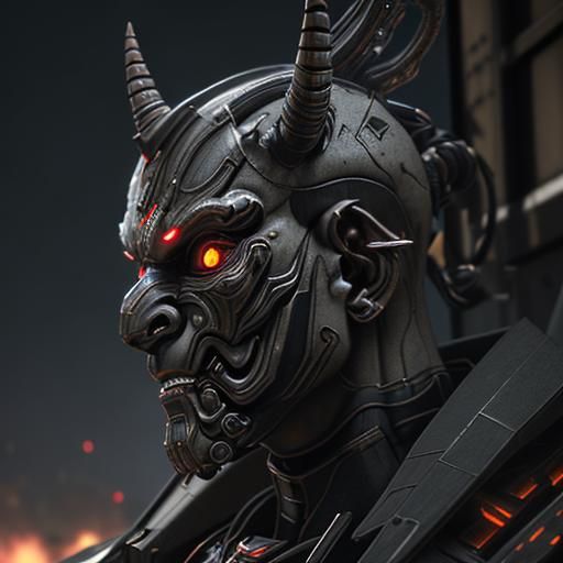 Futuristic Oni Mask with Intricate Mech Details