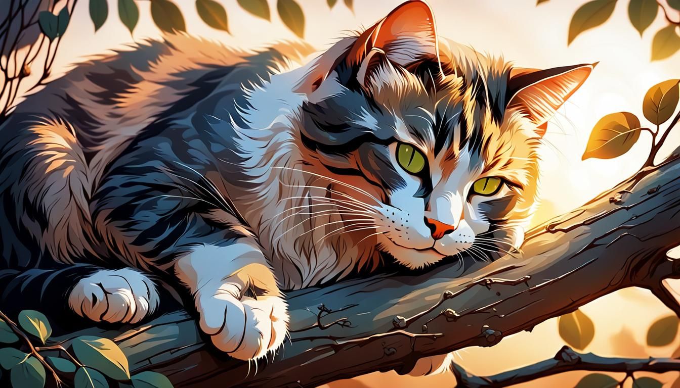 Macro Portrait: Cat Sleeping in a Manga Garden