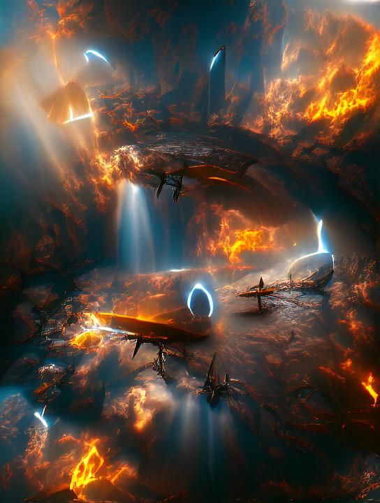 Starship Journey Through an Infernal Landscape