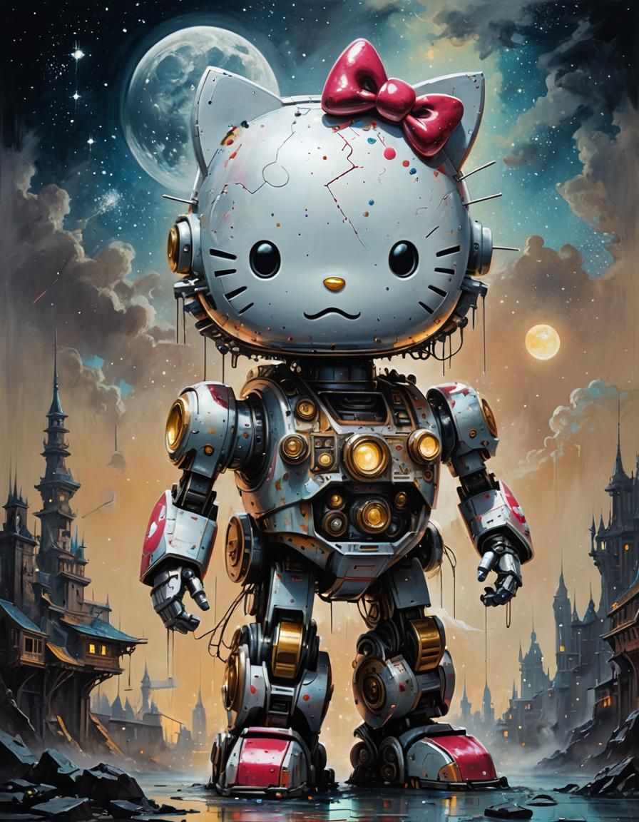 Giant Mech Hello Kitty in Pop Surrealism Style