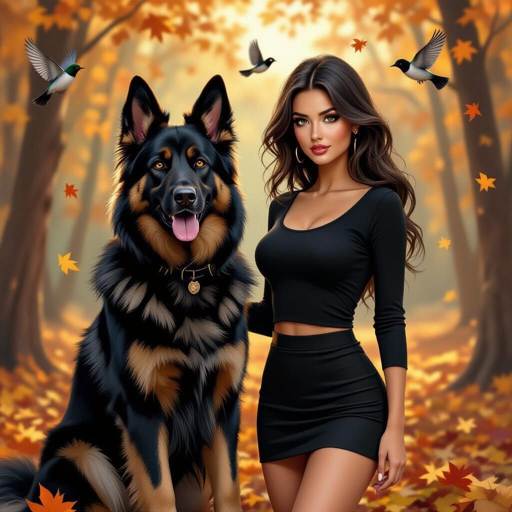 Black German Shepherd with Woman in Autumn Forest