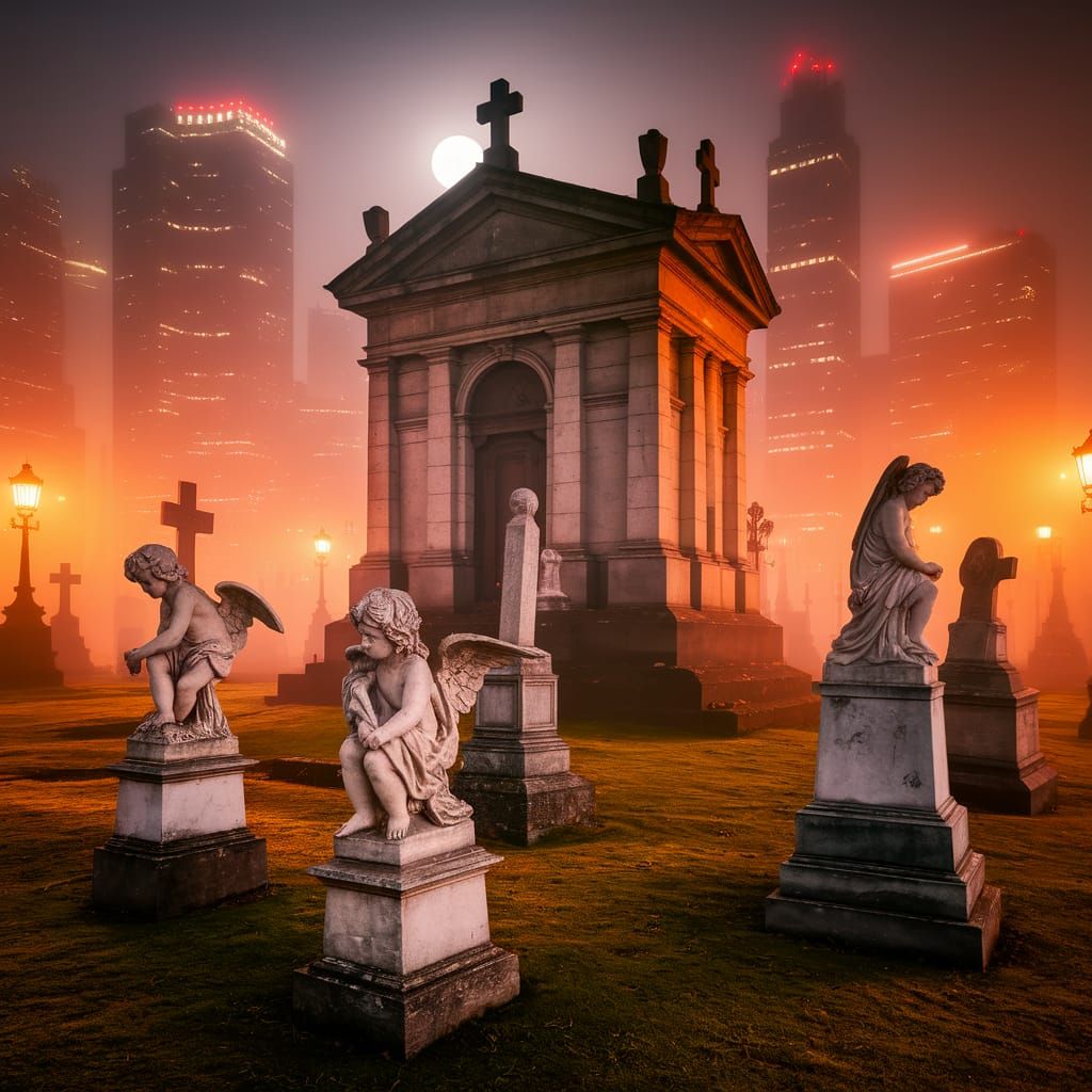 Ancient Mausoleum in City Cemetery at Night