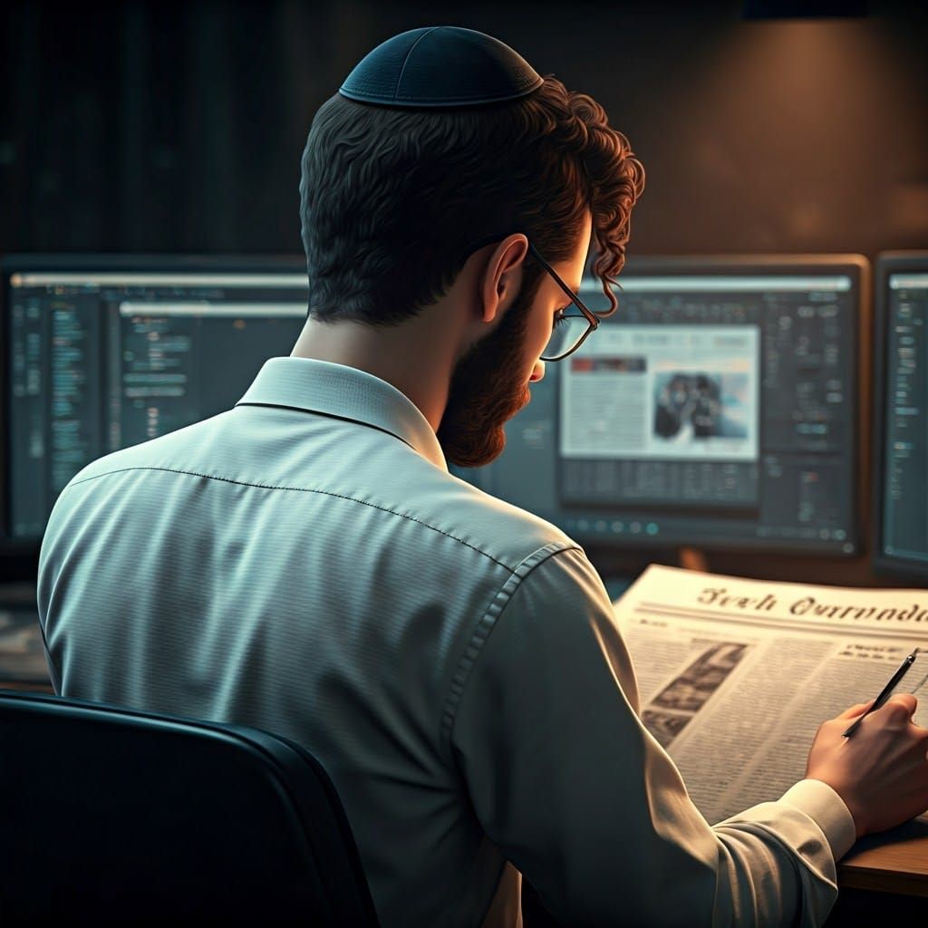 Young Hasidic Man Designs Newspaper in Cinematic Lighting