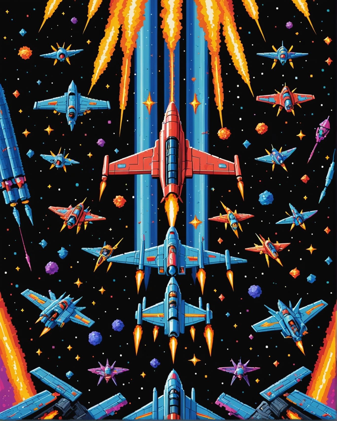 Galaga Pixelated Poster with Explosions