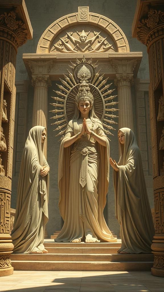 Surreal Temple Scene with Priestesses and Goddess