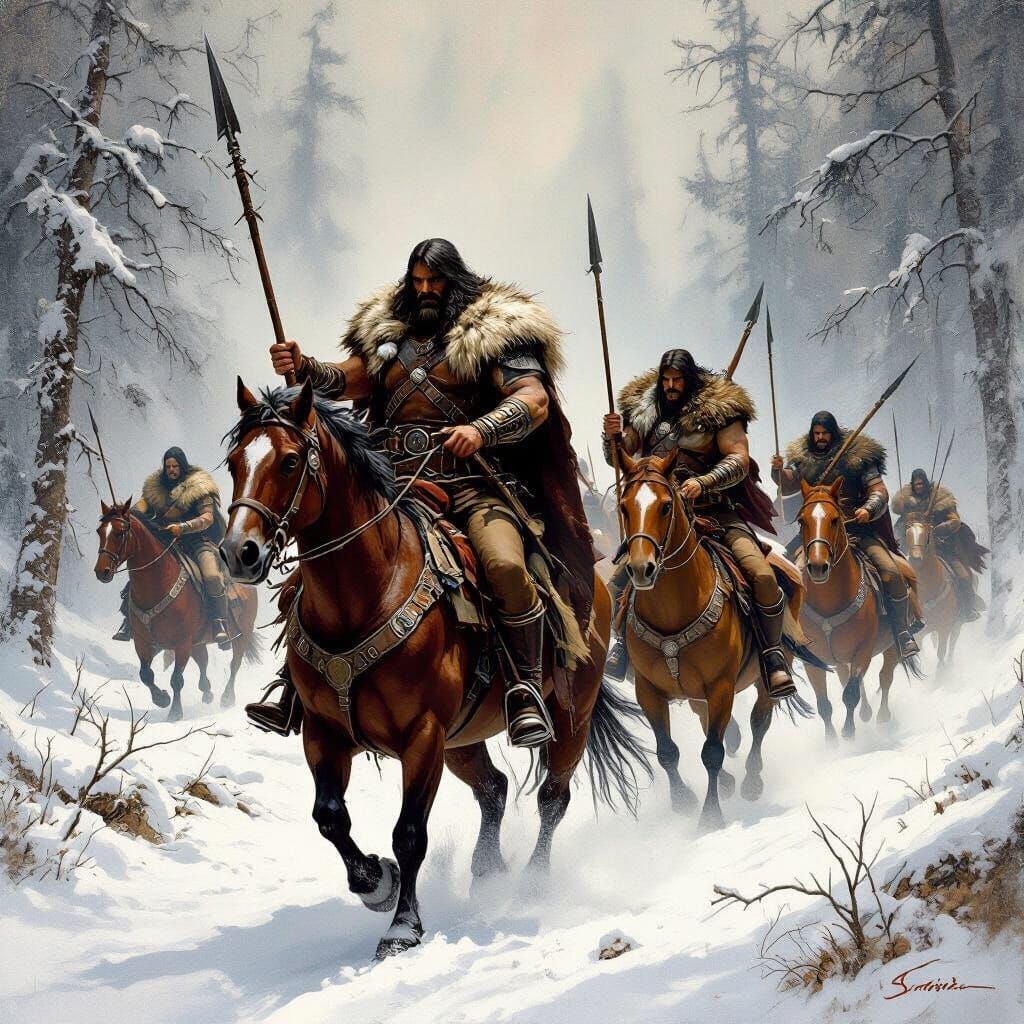 Warriors Hunt in Snowy Forest: Visceral Catharsis