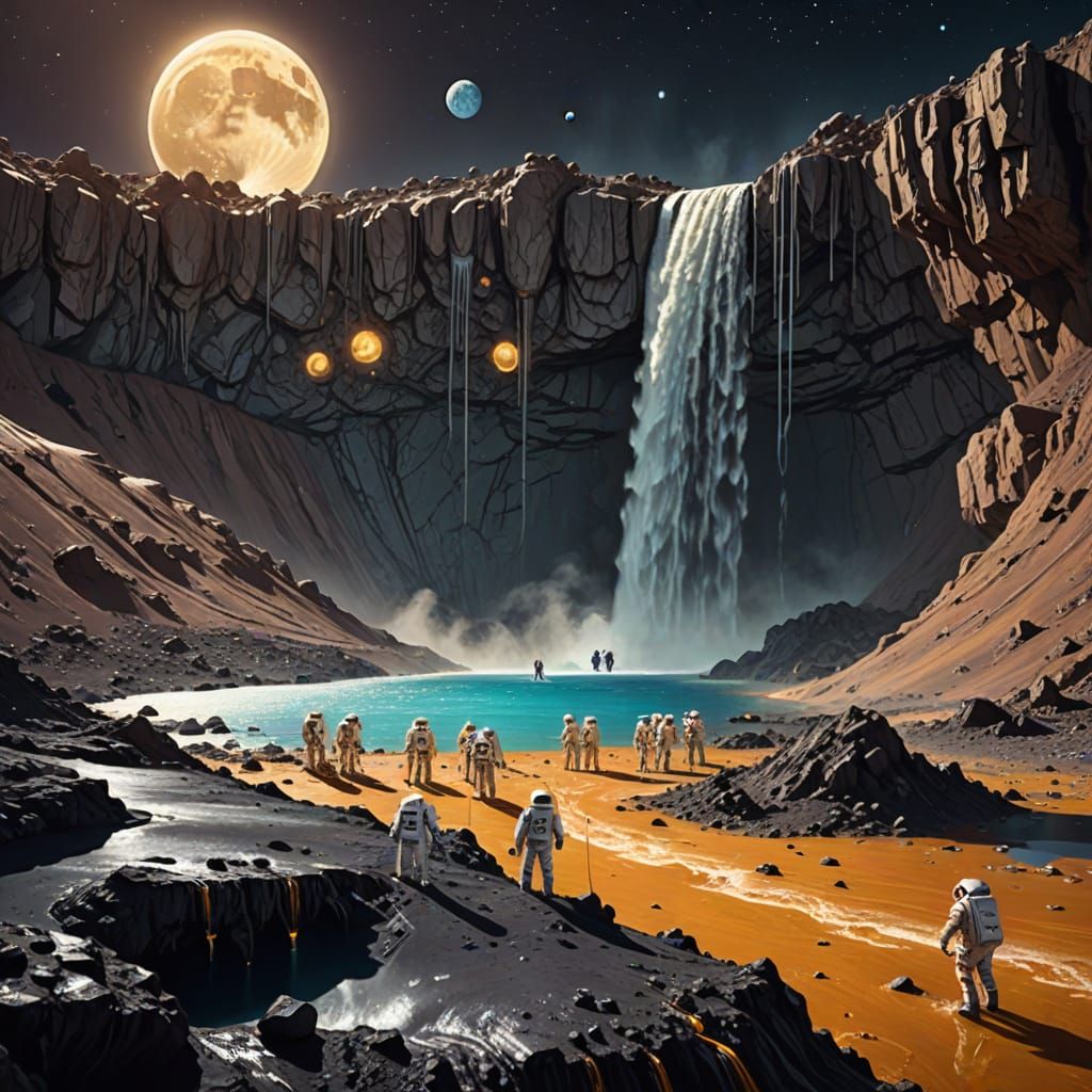 Astronauts Discover Lunar Waterfall in Sci-Fi Illustration