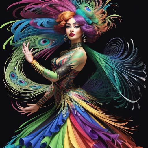 Rainbow Woman with Peacock Hair, Abstract Expressionism