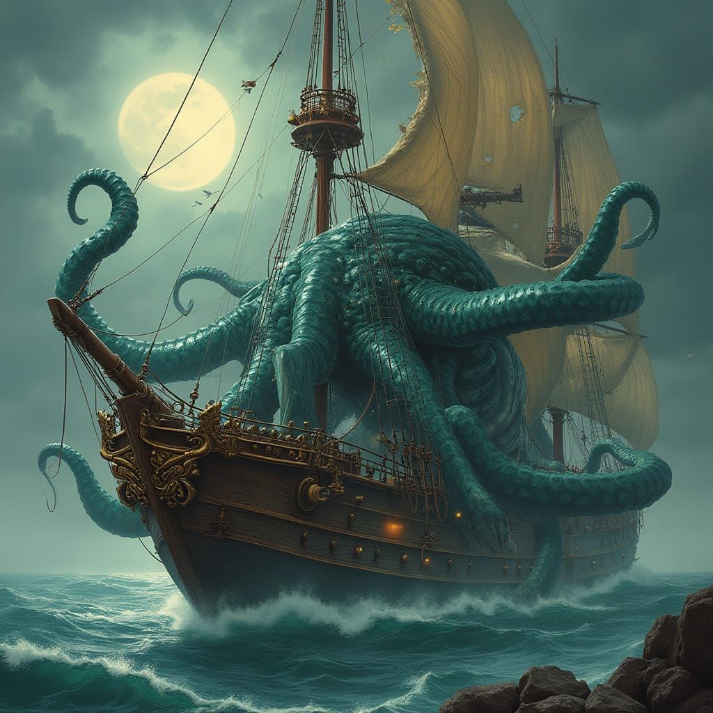 Surreal Steampunk Kraken Ascends Vintage Sailing Ship in Bra...
