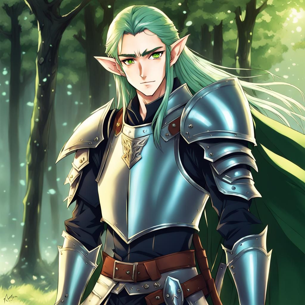 Green-Haired Elf Knight in Anime Style