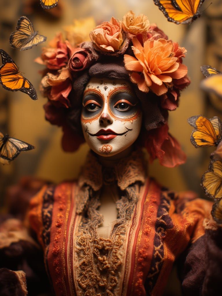 Dia de Los Muertos Woman with Flowers and Butterflies