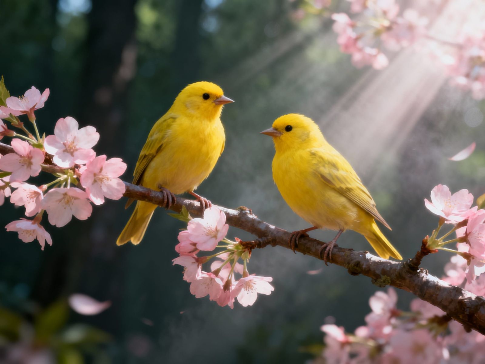 Two Yellow Canaries on Cherry Blossom Branch