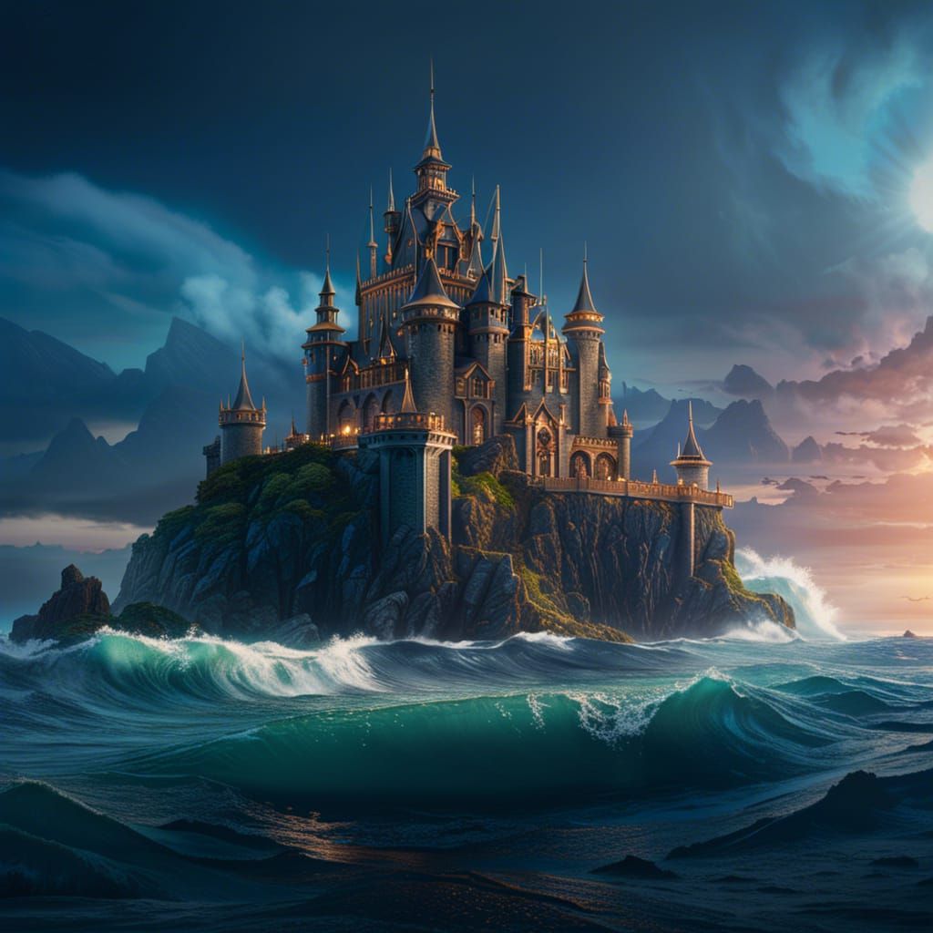 Elegant Castle on Ocean: Fantasy Concept Art