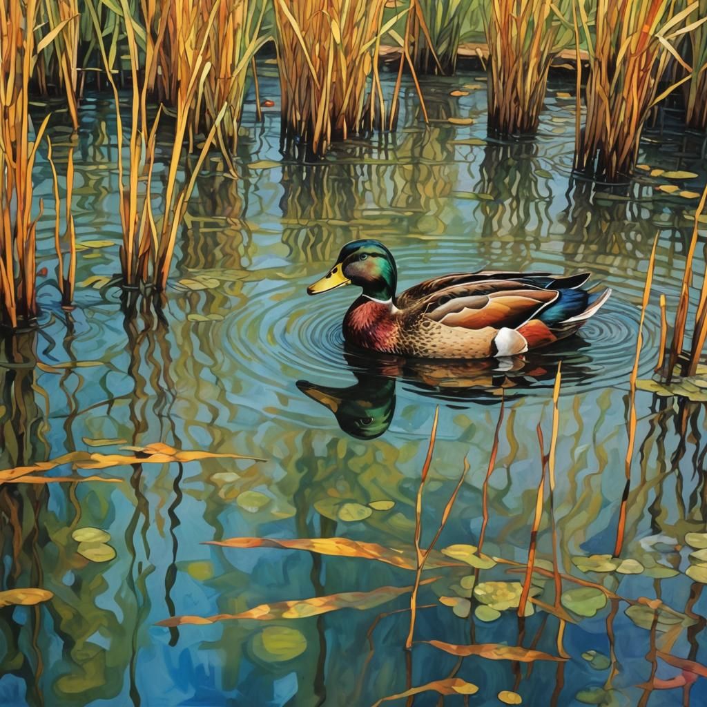 Duck Swimming in Pond: Abstract Art