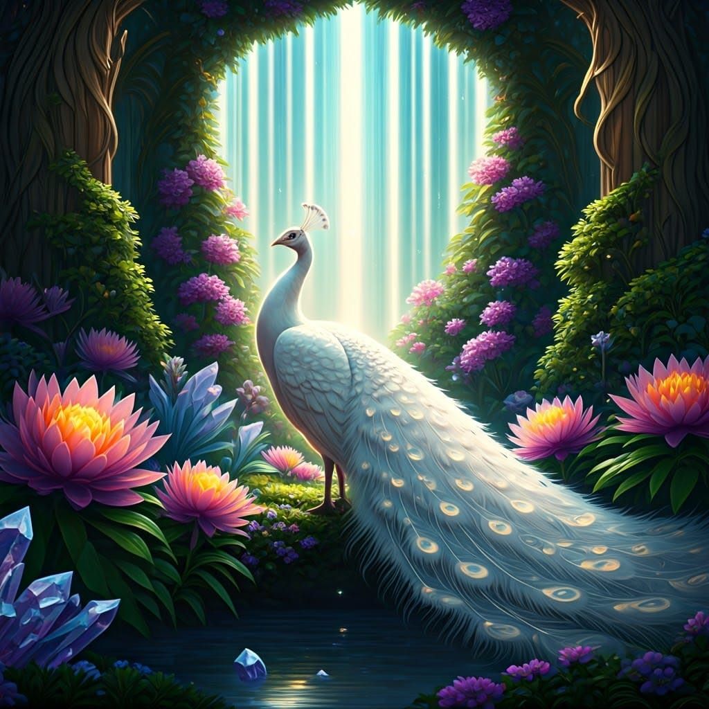 Majestic White Peacock Illuminated by Celestial Glow