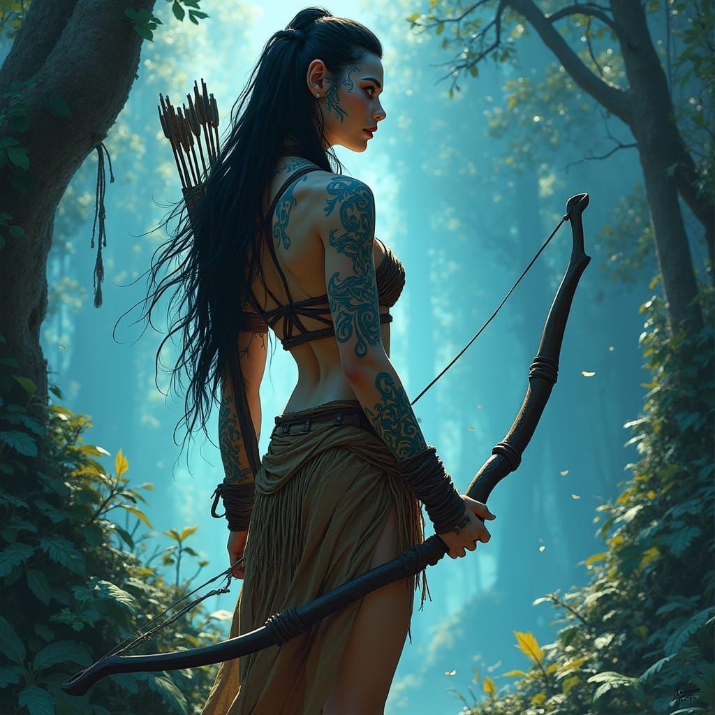 Amazonian Warrior Goddess with Tribal Patterns and Bow
