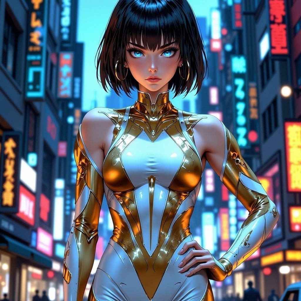 Futuristic Anime Woman in Cyberpunk Cityscape