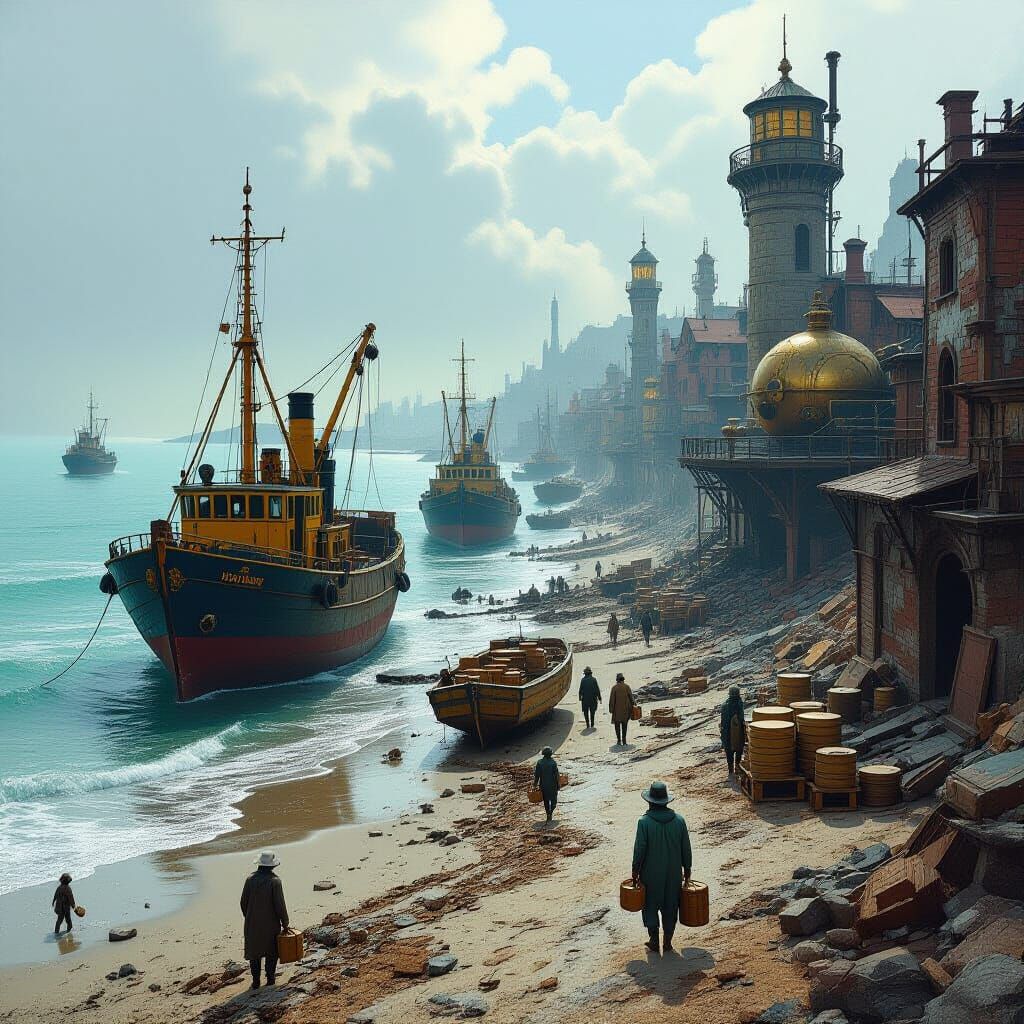 Post-Apocalyptic California Beach Port City in Steampunk Sty...