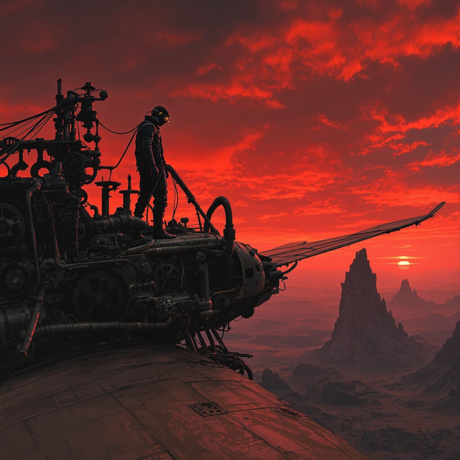 Dieselpunk Ornithopter Soaring in Crimson Sky