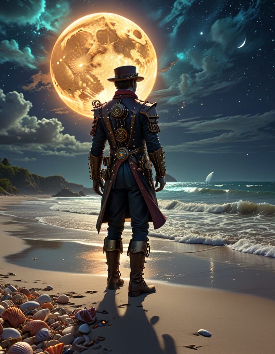 Steampunk Silhouette Under a Mystical Moon