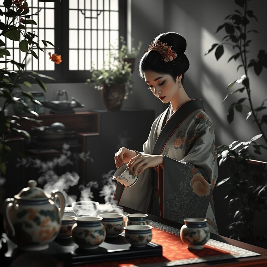 Serene Geisha Prepares Tea in Art Nouveau Style
