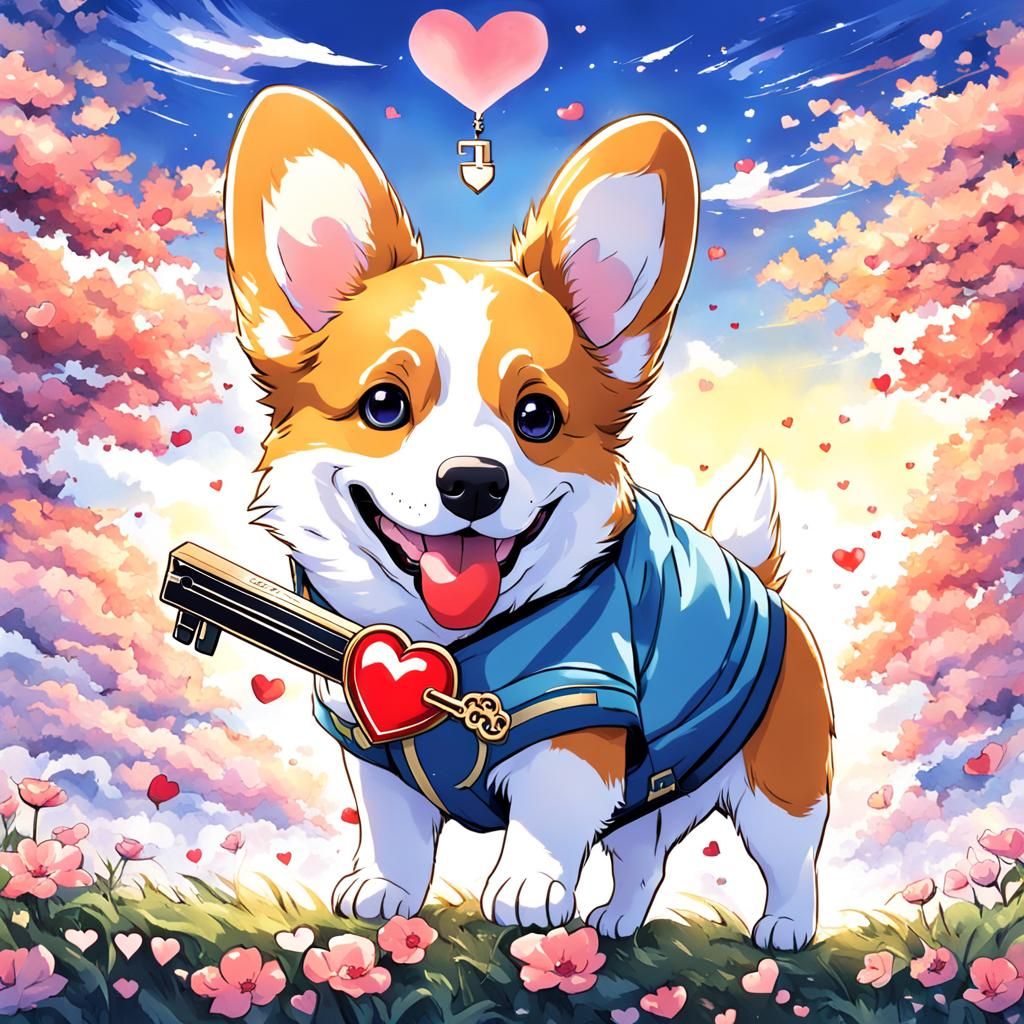 Anime Corgi with Heart and Key