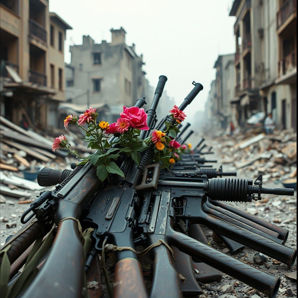 War-Torn Beauty: Guns Bloom with Vibrant Flowers