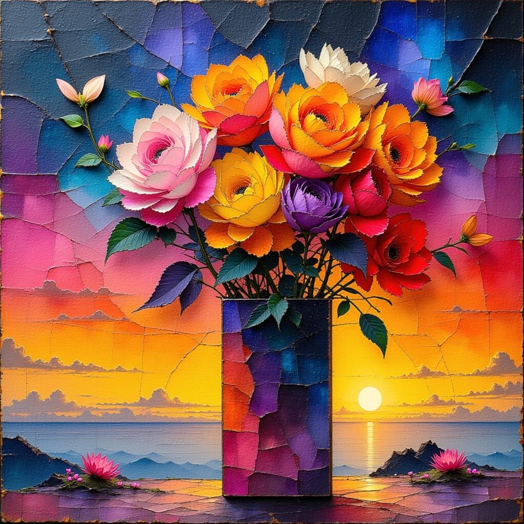 Square Flowers in Cubes: Vintage Textured Oil Painting