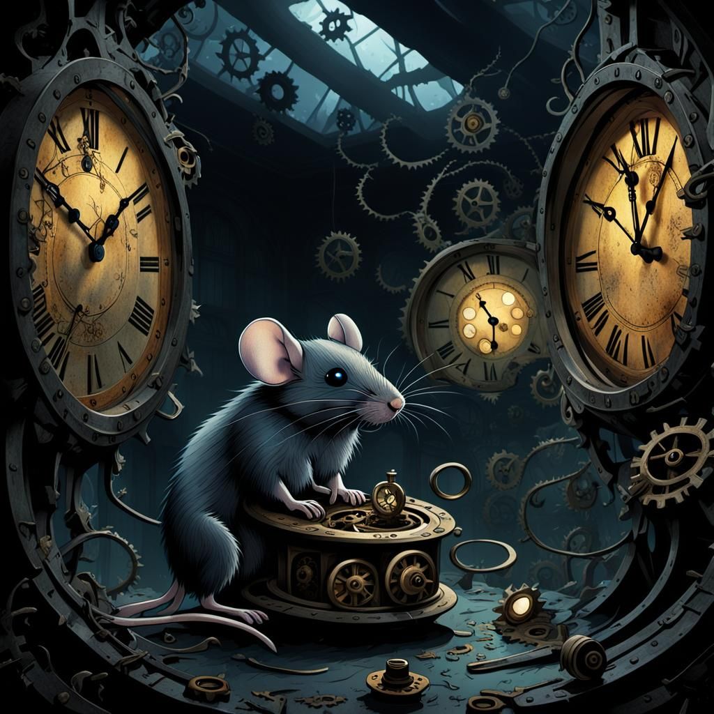Dark Fantasy Mouse in Nursery of Broken Clocks