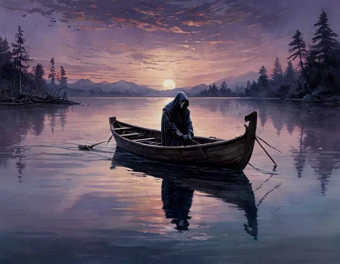 Grim Reaper Glides Across Moonlit Lake