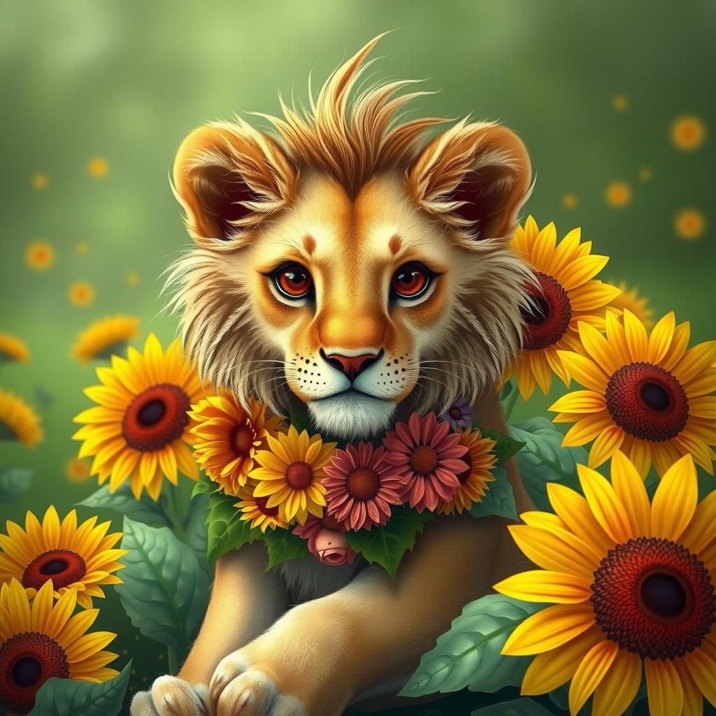 Lion in Floral Garland, Dreamy Digital Art