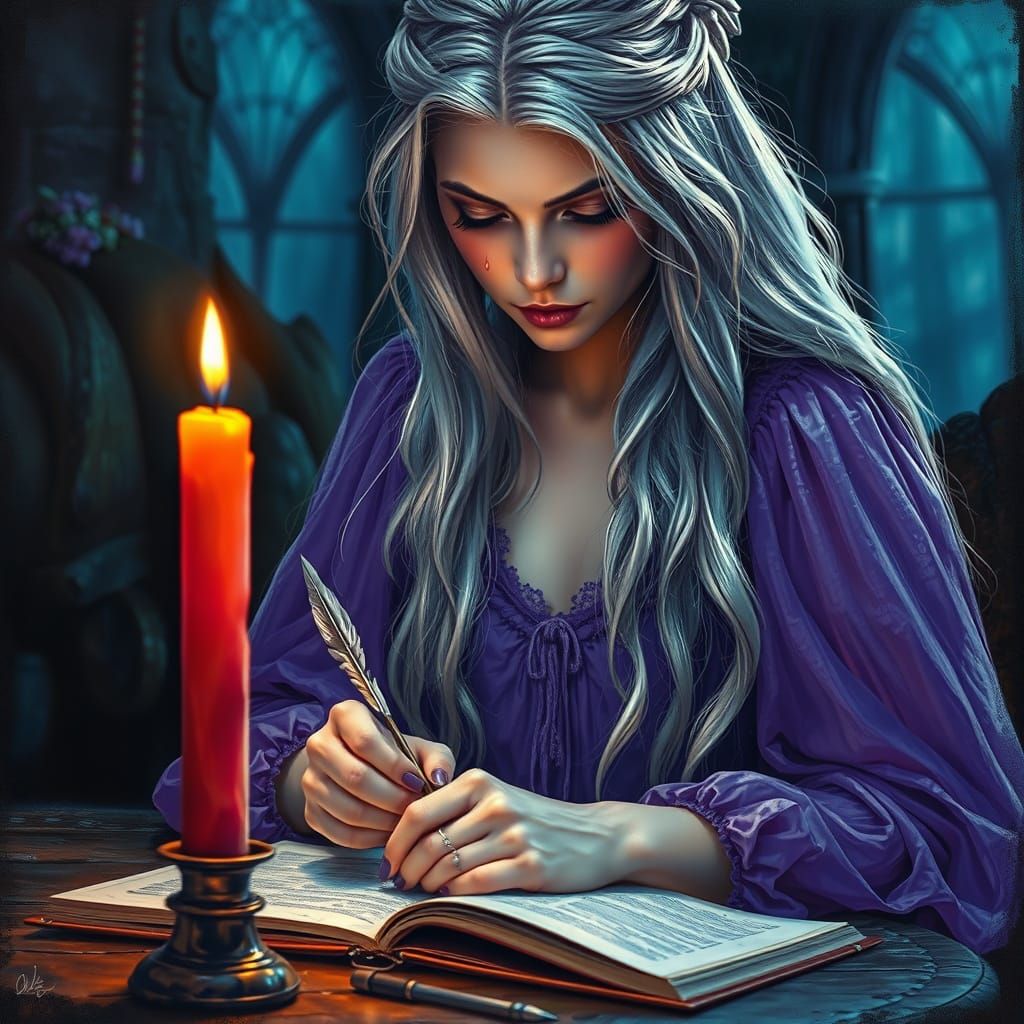 Norse Goddess Writing by Candlelight in Encaustic Wax Style