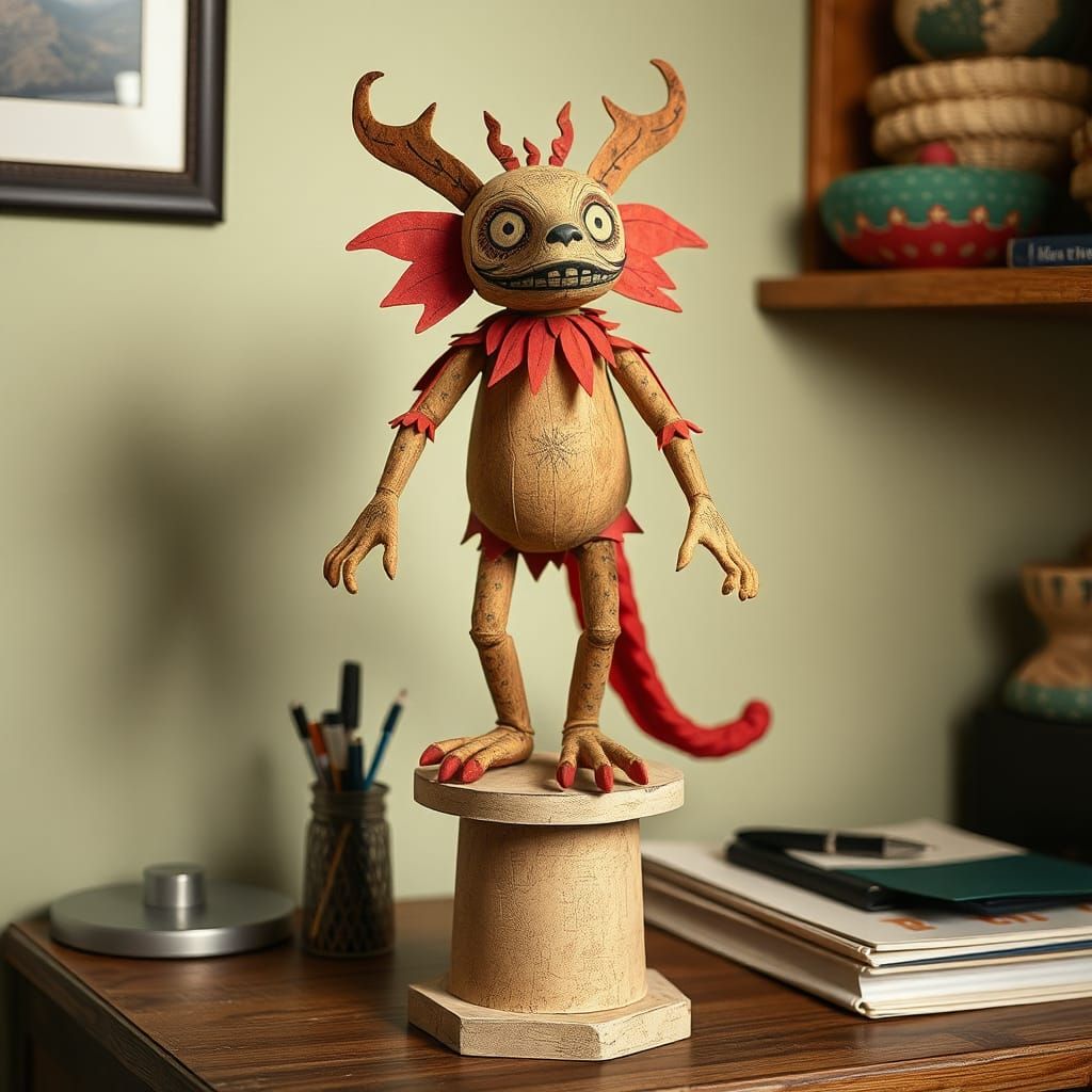 Folk Art Paper Mache Creature on Pedestal