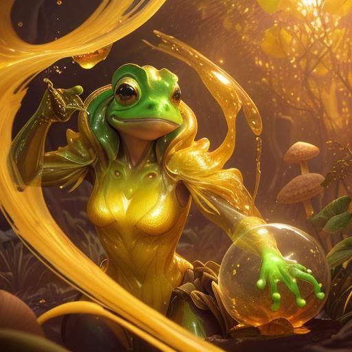 Liquid Honey Frog on Candy Mushroom in 3D Anime Style