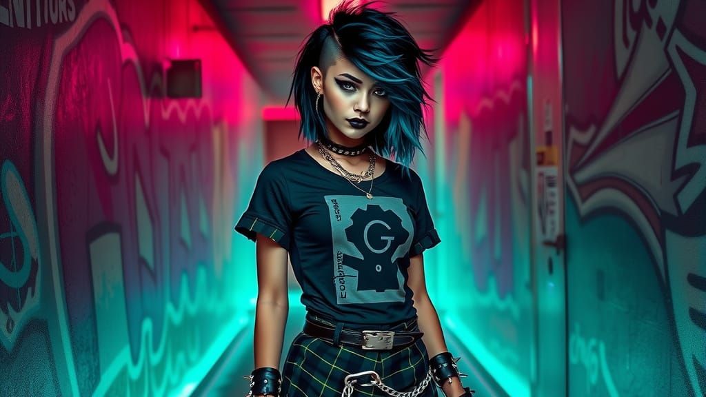 Edgy Punk Girl with Graffiti Background, Digital Art