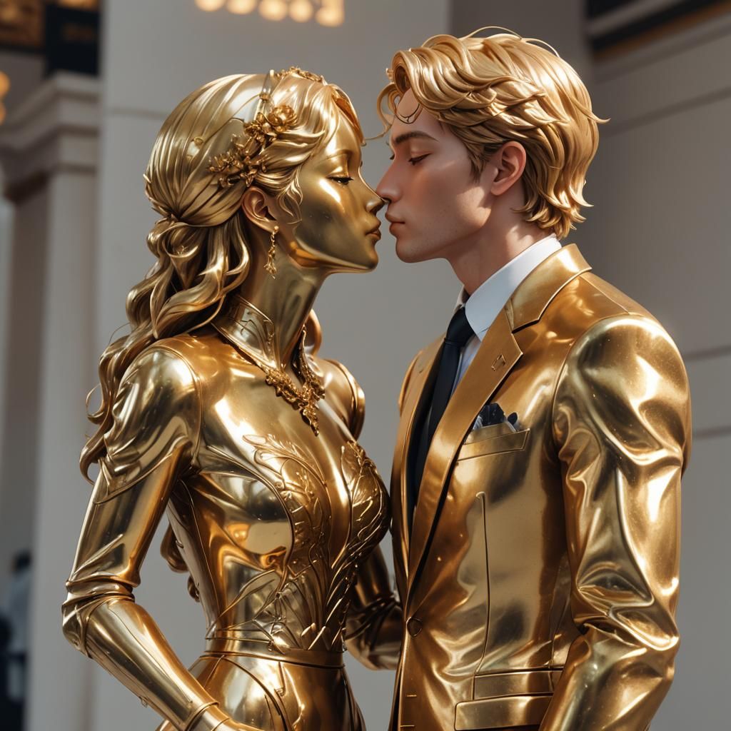 Businessman Kissing Golden Statue in 3D Anime Style
