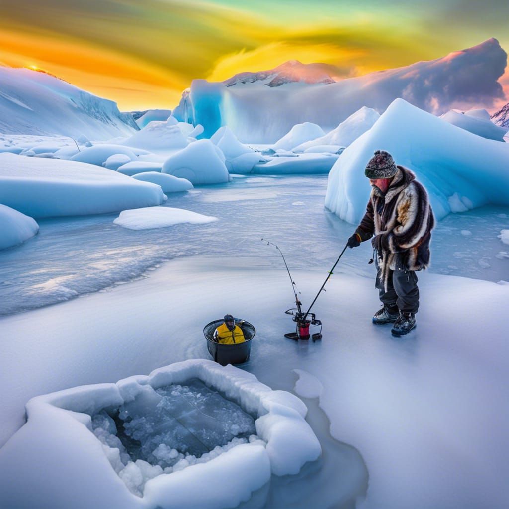 Aleut Man Ice Fishing on Frozen Lake