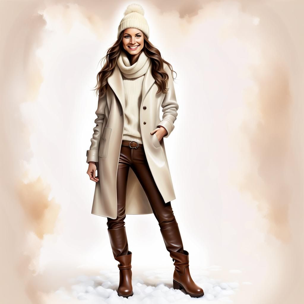 Airbrush Illustration of Smiling Woman in Winter Outfit